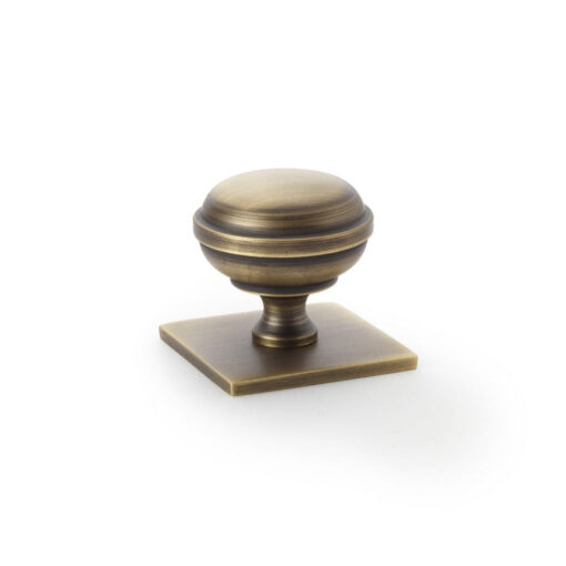 Alexander & Wilks AW826-34-AB 34mm Quantock Cupboard Knob on Square Backplate- Antique Brass